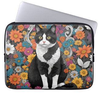 Housse Pour Ordinateur Portable Kitty au milieu des fleurs