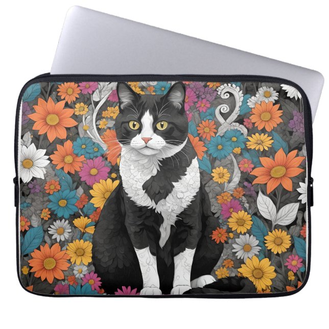 Housse Pour Ordinateur Portable Kitty au milieu des fleurs (Devant)