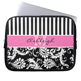 Housse Pour Ordinateur Portable La damassé rose, noire, blanche barre la douille
