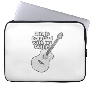Housse Pour Ordinateur Portable La vie est belle avec ma guitare. noir et blanc