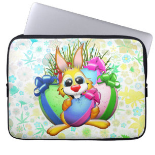 Housse Pour Ordinateur Portable Lapin drôle mordant un œuf de Pâques