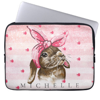 Housse Pour Ordinateur Portable Lapin peint à la main avec arc rose Personnalisé