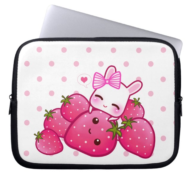 Housse Pour Ordinateur Portable Lapin rose mignon avec des fraises de kawaii (Devant)
