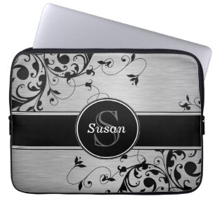 HOUSSE POUR ORDINATEUR PORTABLE LE NOIR ARGENTÉ TOURBILLONNE VOTRE MONOGRAMME
