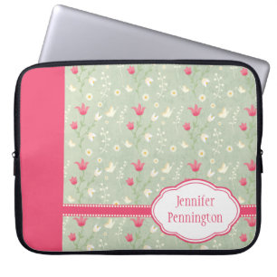 Housse Pour Ordinateur Portable Le vert rose personnalisé fleurit la douille