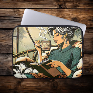 Housse Pour Ordinateur Portable Lecture douce Lady avec café et chat