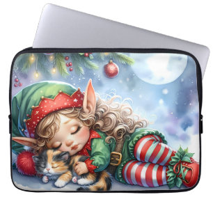 Housse Pour Ordinateur Portable L'elfe de Noël endormi avec un chaton calicot