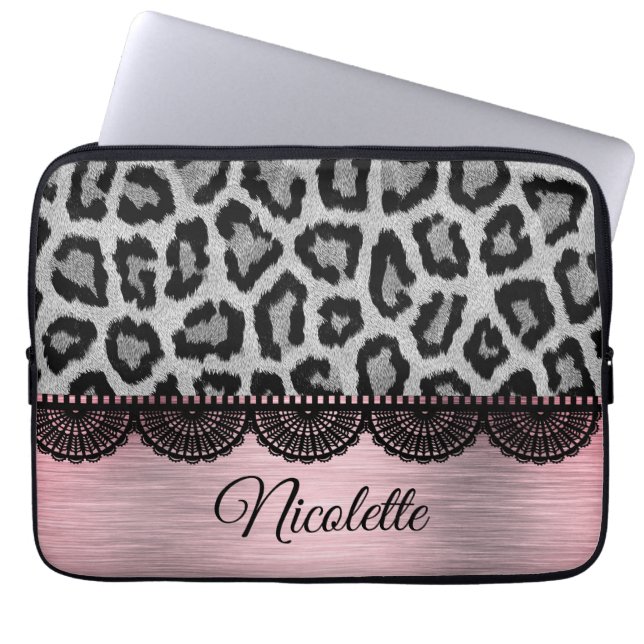Housse Pour Ordinateur Portable Leopard fantaisie et dentelle avec rose (Devant)