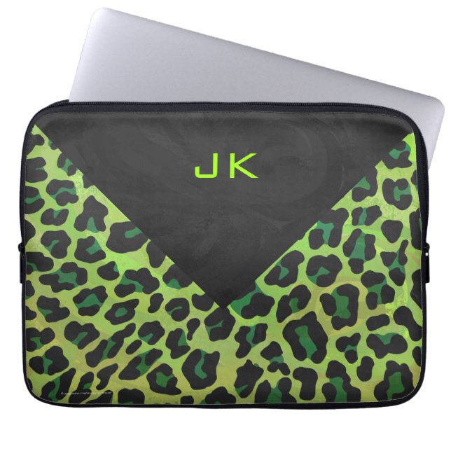 Housse Pour Ordinateur Portable Léopard noir et vert avec Monogramme (Devant)