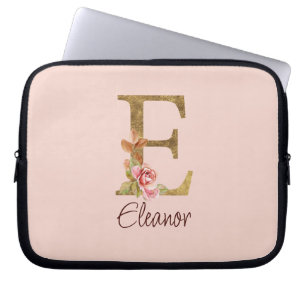 Housse Pour Ordinateur Portable Lettre de nom personnalisée E Roses roses blush fe