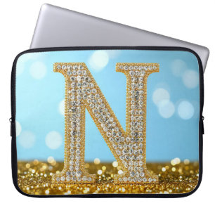 Housse Pour Ordinateur Portable Lettre N de luxe en diamant sur fond de paillettes