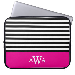 Housse Pour Ordinateur Portable Lettre triple Monogramme Fuchsia Black White Strip