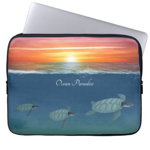 Housse Pour Ordinateur Portable Lever de soleil sur l'océan et tortues de mer nage
