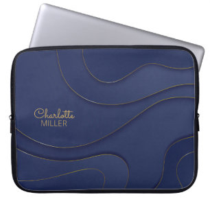 Housse Pour Ordinateur Portable Lignes Abstraites Navy-Gold avec nom personnalisé