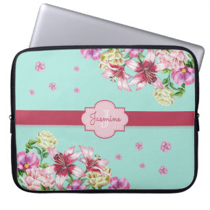 Housse Pour Ordinateur Portable Lily & Peony Floral Aqua