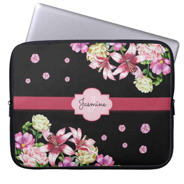 Housse Pour Ordinateur Portable Lily & Peony Floral Black (Devant)