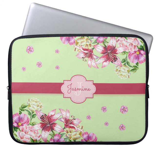 Housse Pour Ordinateur Portable Lily & Peony Floral Mint Green (Devant)