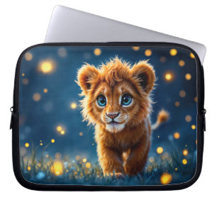 Housse Pour Ordinateur Portable Lion aux yeux bleus enchanté dans lueur de luciole