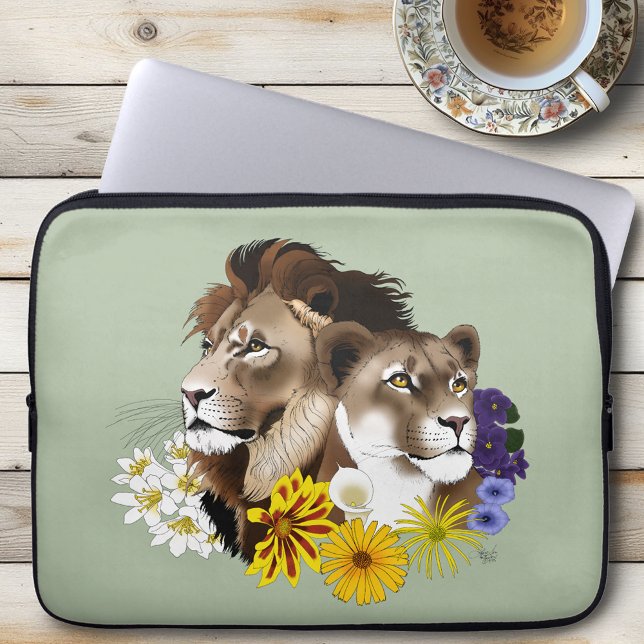 Housse Pour Ordinateur Portable Lion Lionne Floral Vert  (Créateur téléchargé)
