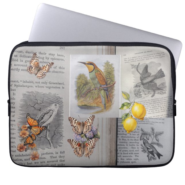 Housse Pour Ordinateur Portable Livres anciens, oiseaux et papillons (Devant)