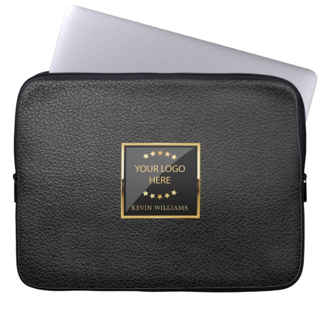 Housse Pour Ordinateur Portable Logo d'entreprise Noir Faux Cuir Personnalisé (Devant)