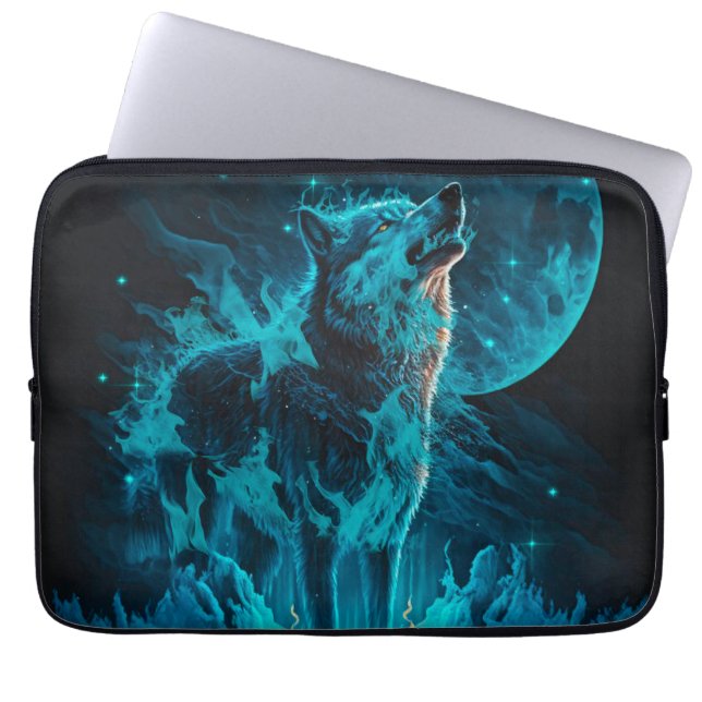Housse Pour Ordinateur Portable Loup à flamme bleue (Devant)