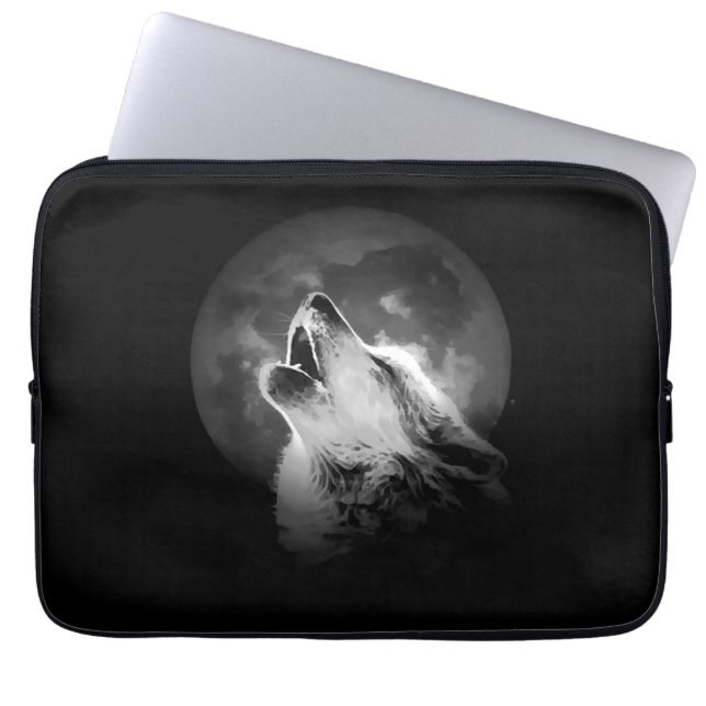 Housse Pour Ordinateur Portable Loup et lune de Howling noir et blanc (Devant)