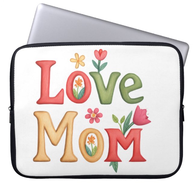 Housse Pour Ordinateur Portable Love Maman Texte avec Fleurs (Devant)