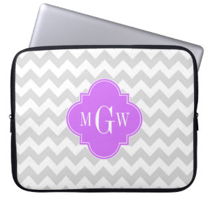 Housse Pour Ordinateur Portable Lt Gris Blanc Chevron Lilas Quatrefeuille 3 Monogr