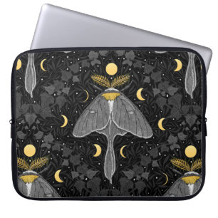 Housse Pour Ordinateur Portable Luna moth, phases de lune et lierre damassé patron