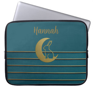 Housse Pour Ordinateur Portable Lune d'or et lapin sur Turquoise