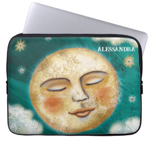 Housse Pour Ordinateur Portable Lune dormante avec étoiles Turquoise Personnalisé