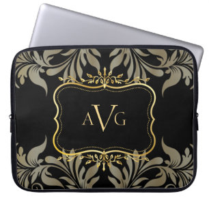 Housse Pour Ordinateur Portable Luxe Damas noir avec cadre or vintage