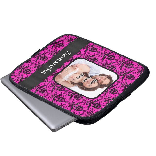 Housse Pour Ordinateur Portable Magenta et damas noir (Devant bas)