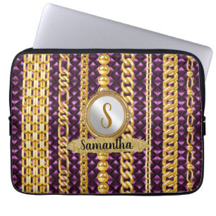 Housse Pour Ordinateur Portable Magnifique Velours Violet Or Monogramme Élégant Ch