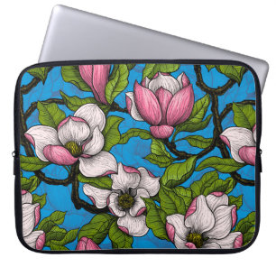 Housse Pour Ordinateur Portable Magnolia en floraison sur bleu