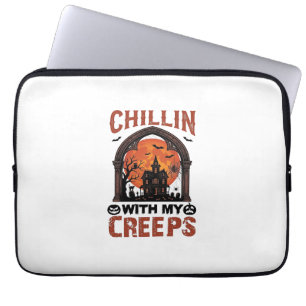 Housse Pour Ordinateur Portable Maison hantée Halloween Chillin Creeps Lune Orange
