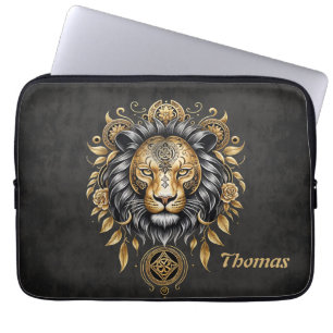 Housse Pour Ordinateur Portable Majestic tête de lion doré avec crinière noire.
