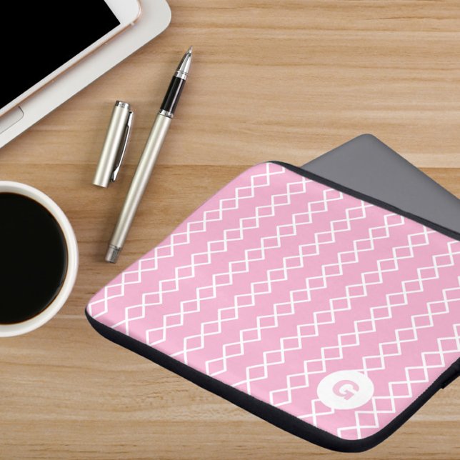 Housse Pour Ordinateur Portable Manche de bureau géométrique Monogramme rose (Créateur téléchargé)