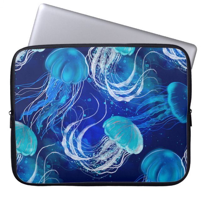 Housse Pour Ordinateur Portable Many blue jellyfishes swimming underwater. Seamles (Devant)
