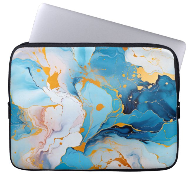 Housse Pour Ordinateur Portable Marbre Azur avec Éclaboussures Dorées (Devant)