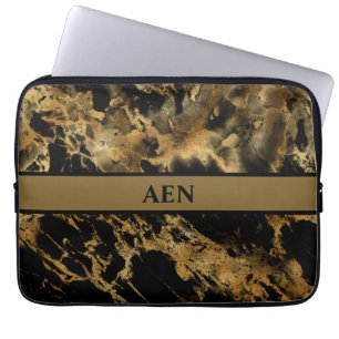 Housse Pour Ordinateur Portable Marbre d'agate noir et or Monogramme Tendance Mode