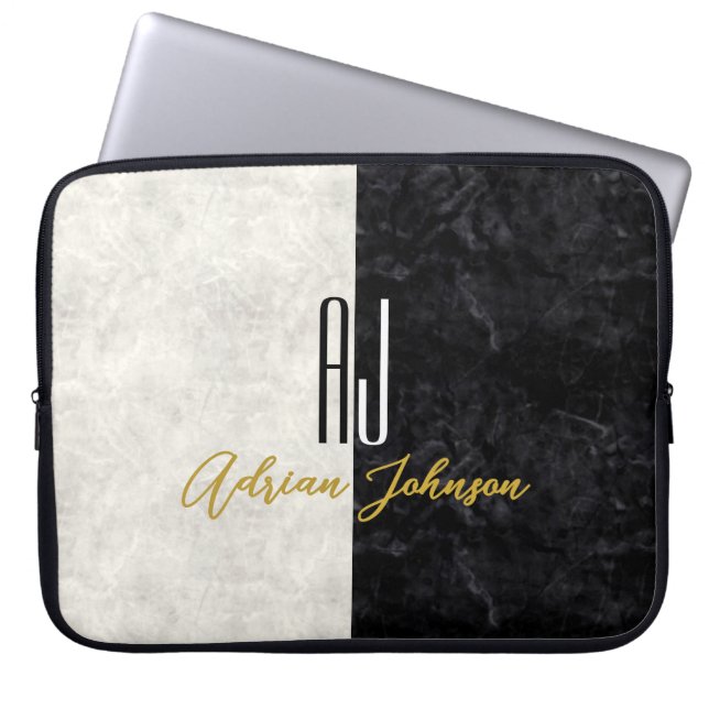 Housse Pour Ordinateur Portable Marbre Monogramme Or Noir (Devant)