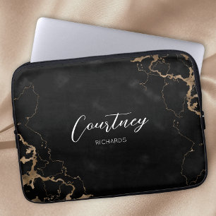 Housse Pour Ordinateur Portable Marbre noir & or tendance Script Monogramme Nom