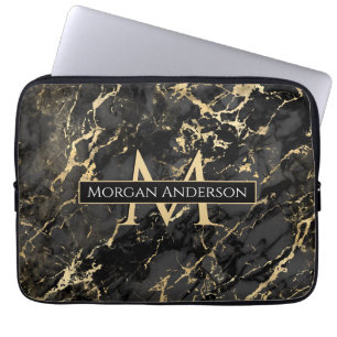 Housse Pour Ordinateur Portable Marbre or et noir dynamique, Monogramme do-it-your
