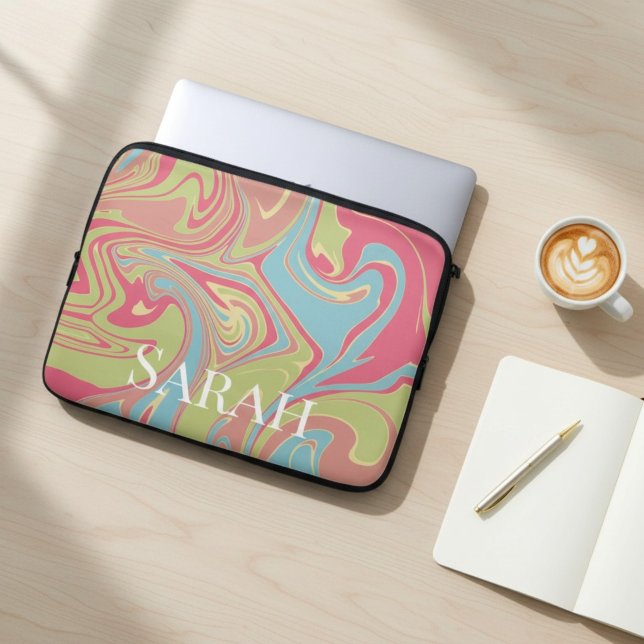 Housse Pour Ordinateur Portable Marbre Personnalisé Rose et Vert (Créateur téléchargé)