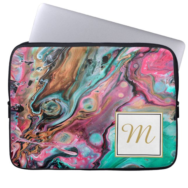 Housse Pour Ordinateur Portable Marbre rose et vert monogramme (Devant)