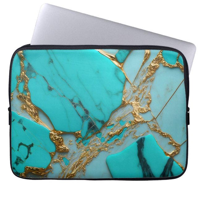 Housse Pour Ordinateur Portable Marbre Turquoise aux Veines Dorées (Devant)