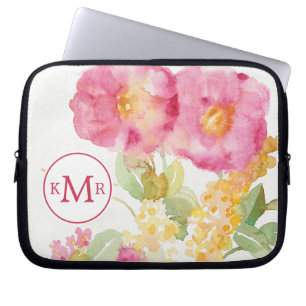 Housse Pour Ordinateur Portable Marguerite blanche du monogramme   sur le bleu