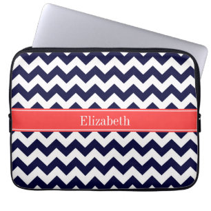 Housse Pour Ordinateur Portable Marine Bleu Blanc Chevron Corail Nom rouge Monogra